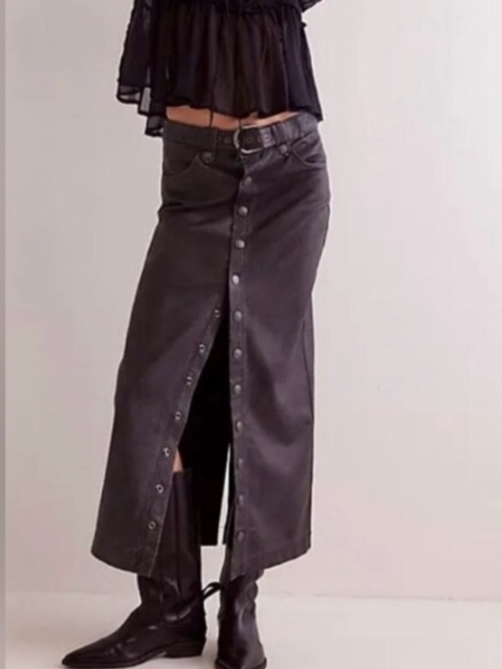 We The Free Black Button-Front Maxi Skirt with Front Slit